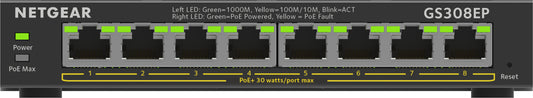 NETGEAR 8-porttinen Gigabit Ethernet PoE+ Plus Switch (GS308EP) Hallittu L2/L3 Gigabit Ethernet (10/100/1000) Power over Ethernet -tuki Musta