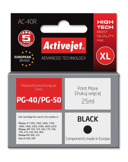 Activejet AC-40R muste Canon-tulostimelle; Canon PG-40/PG-50 vaihto; Premium; 25 ml; musta - KorhoneCom