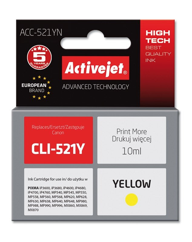 Activejet ACC-521YN mustepatruuna (korvaa Canon CLI-521Y:lle; Supreme; 10 ml; keltainen) - KorhoneCom
