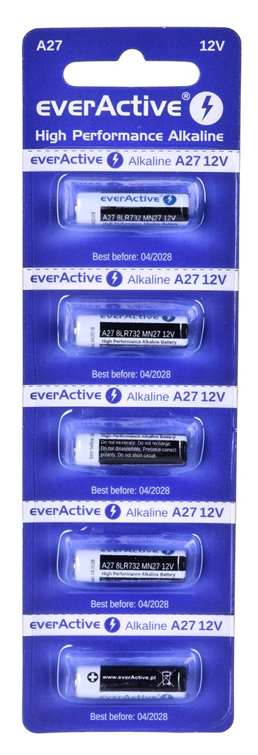 5 x alkaliparistot everActive 27A 12V- läpipainopakkaus 5 kpl.