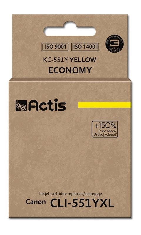 Actis KC-551Y muste Canon-tulostimeen; Canon CLI-551Y vaihto; Vakio; 12 ml; keltainen (sirulla) - KorhoneCom