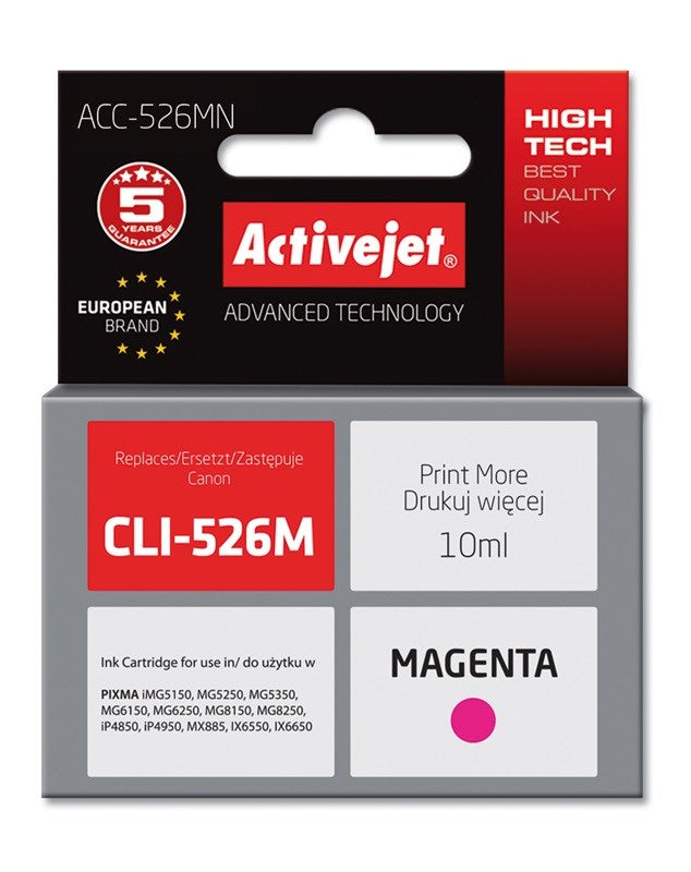 Activejet ACC-526MN mustepatruuna (korvaa Canon CLI-526M; Supreme; 10 ml; magenta) - KorhoneCom