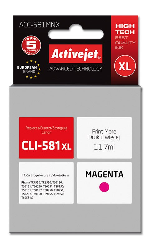 Activejet ACC-581MNX muste (korvaa Canon CLI-581M XL:lle, Supreme, 11,70 ml, magenta) - KorhoneCom