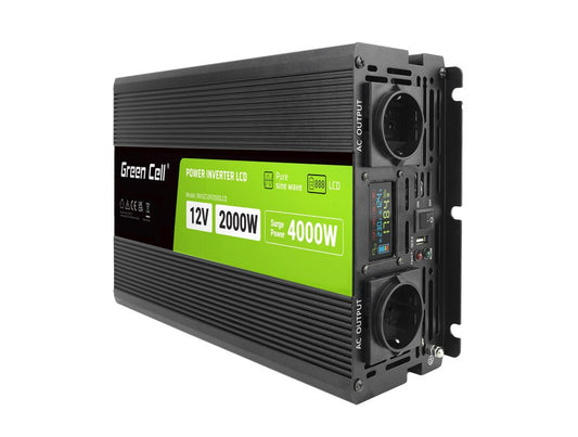 Green Cell PowerInverter LCD 12V 2000W/40000W auton invertteri näytöllä - puhdas siniaalto - KorhoneCom