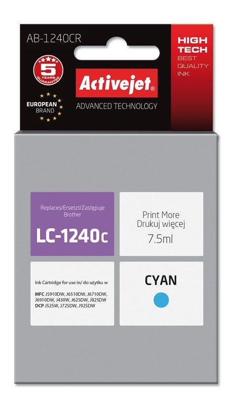 Activejet AB-1240CR Tinte für Brother-Drucker; Brother LC1220C/LC1240C Ersatz; Prämie; 7,5 ml; Cyan