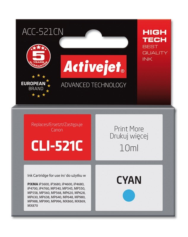 Activejet ACC-521CN mustepatruuna (korvaa Canon CLI-521C:lle; Supreme; 10 ml; syaani) - KorhoneCom