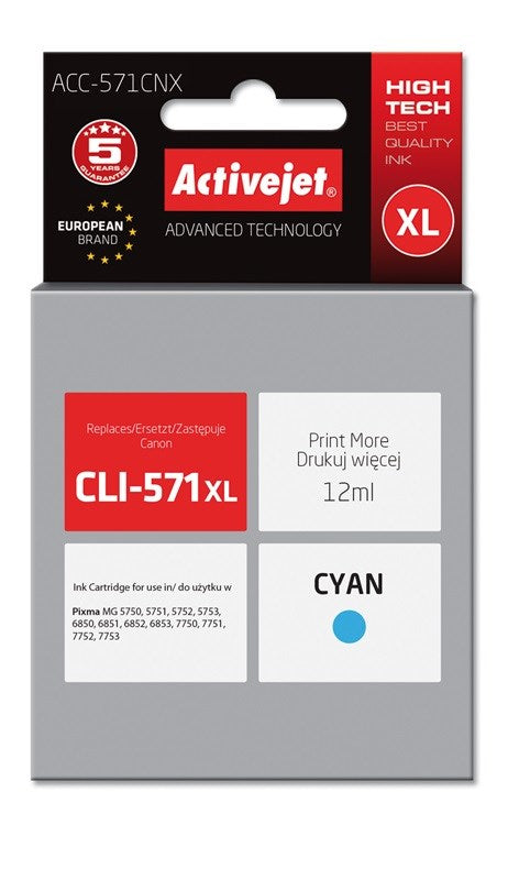 Activejet ACC-571CNX Tintenpatrone (ersetzt Canon CLI-571XLC; Supreme; 12 ml; Cyan)